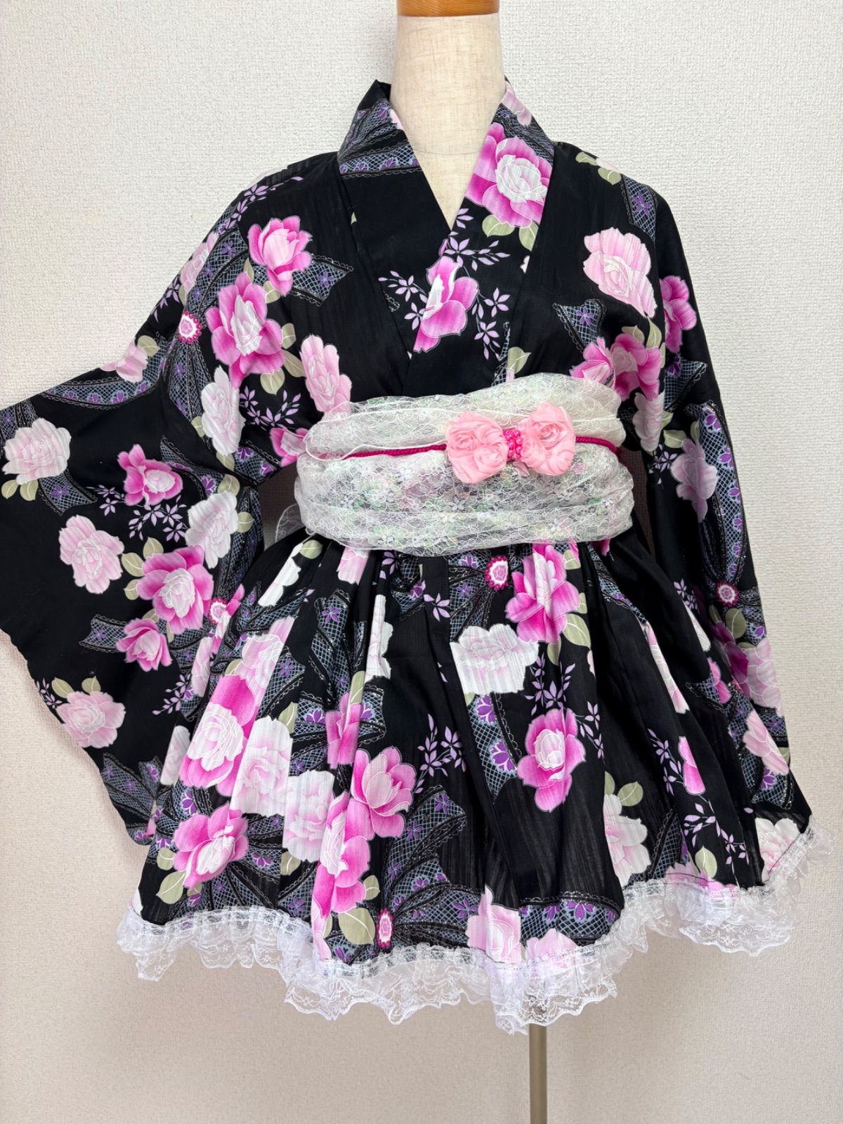 【新品タグ付き】黒✖️ピンクりぼんレース大人ミニ浴衣ドレス 7,644円