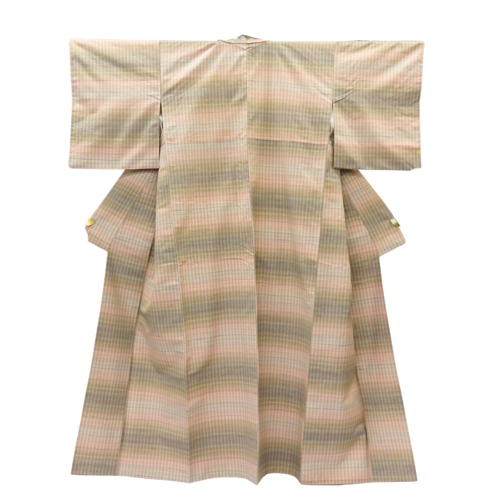 【中古】 紬 正絹 着丈約161.5cm 裄丈約65cm ベージュ グレー 格子チャック モダン 和装 呉服 和服 きもの レディース 女性