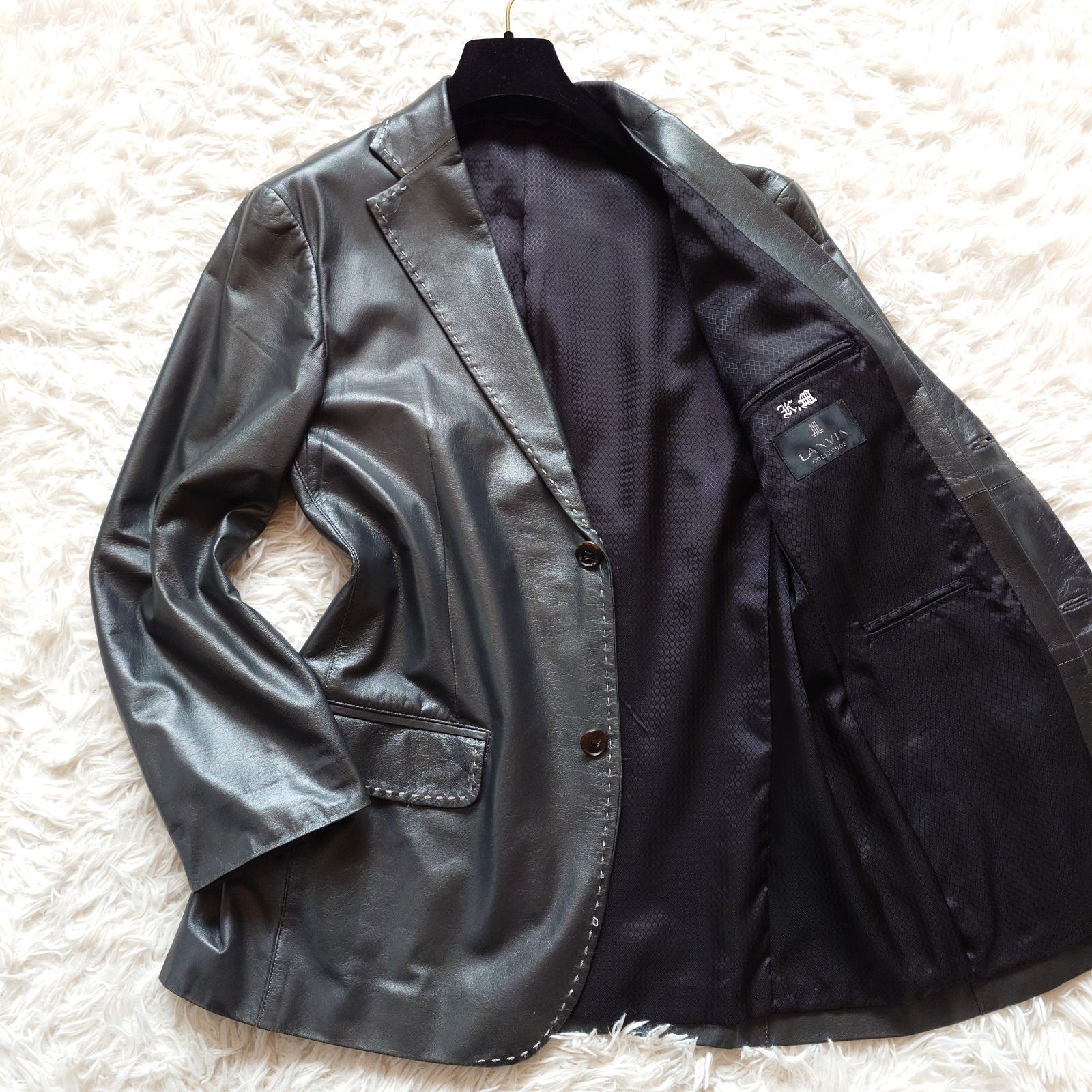 LANVIN ランバン 高級ラムレザーテーラードジャケット 黒 サイズ48 最高級】LANVIN COLLECTION ランバンコレクション 羊革 ラムレザー