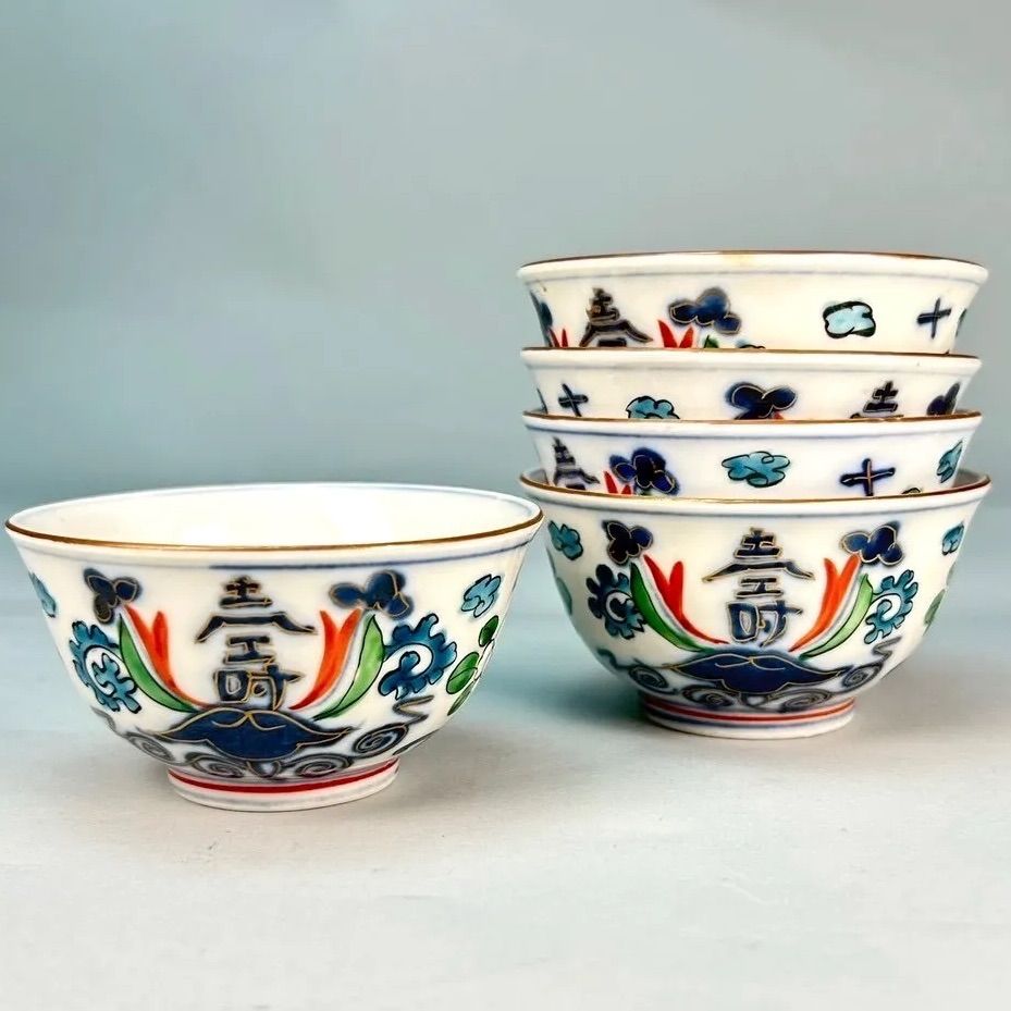 幽玄】中国古玩 珍玩 彩色壽花文 煎茶道具 7点纏めて 急須 水注 煎茶椀