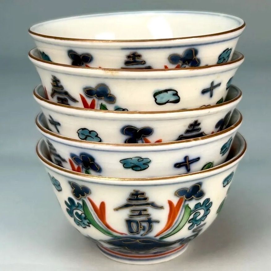 幽玄】中国古玩 珍玩 彩色壽花文 煎茶道具 7点纏めて 急須 水注 煎茶椀