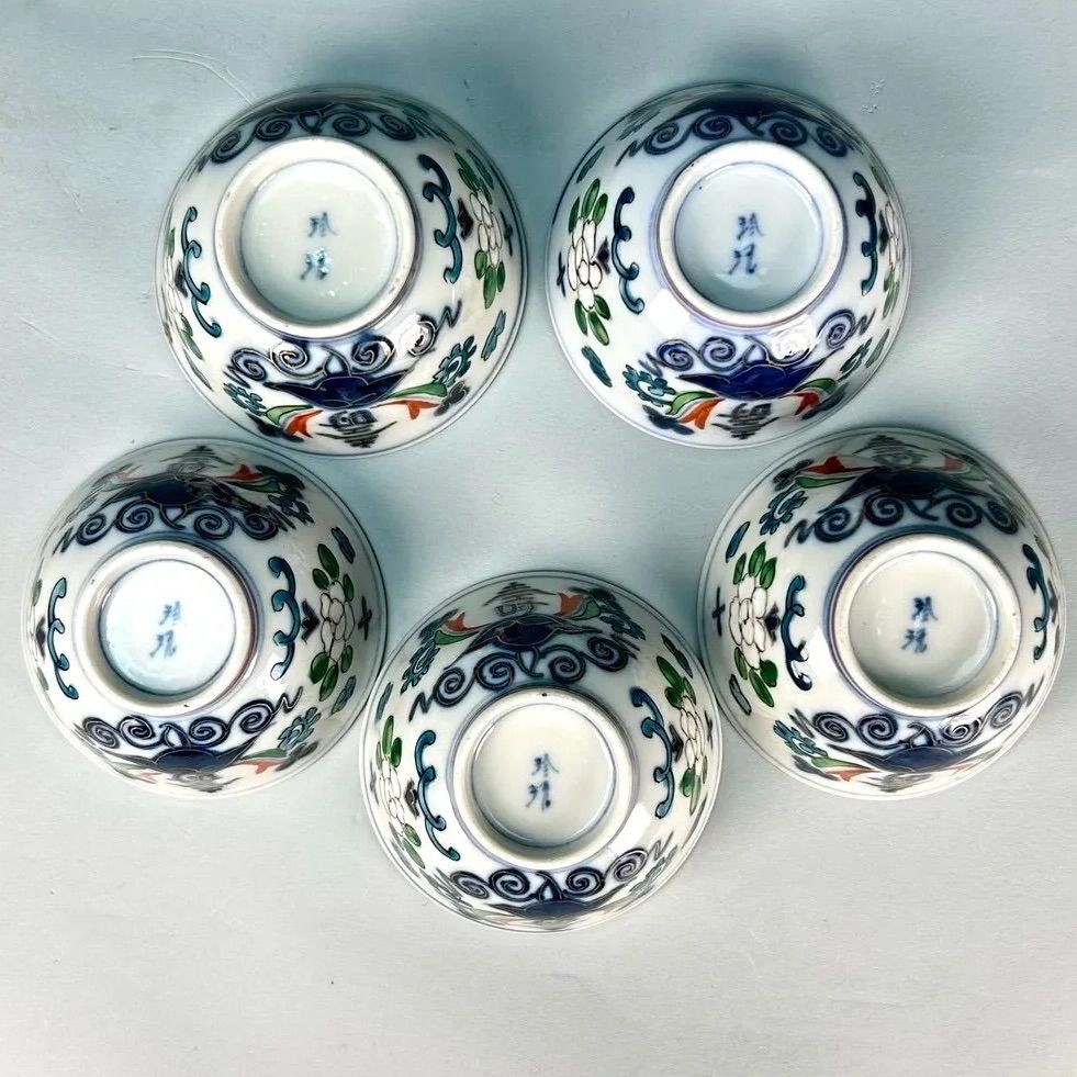 清時代 染付棗  青花茶器 茶道 中国古玩時代もの 幽玄】中国古玩 珍玩 彩色壽花文 煎茶道具 7点纏めて 急須 水注 煎茶椀