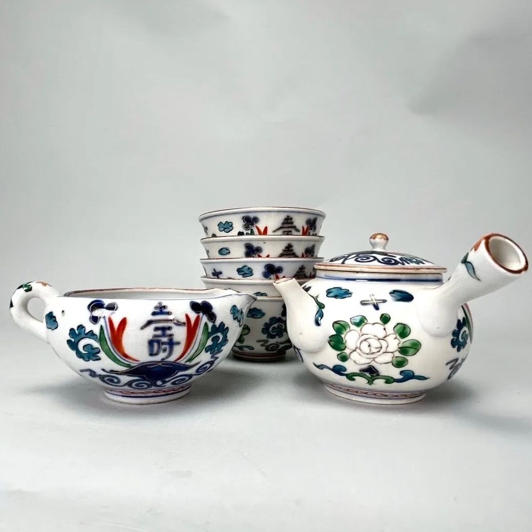 幽玄】中国古玩 珍玩 彩色壽花文 煎茶道具 7点纏めて 急須 水注 煎茶椀