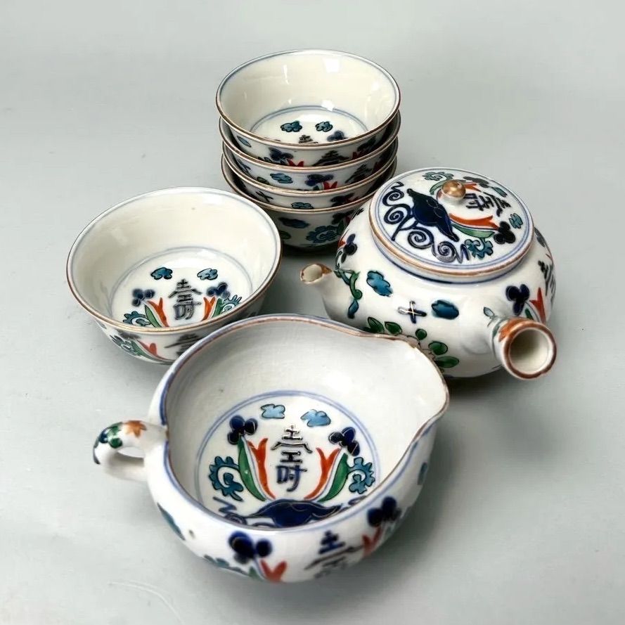 幽玄】中国古玩 珍玩 彩色壽花文 煎茶道具 7点纏めて 急須 水注 煎茶椀