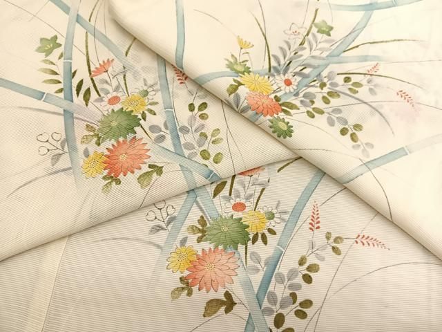 平和屋着物＊夏物　小紋　絽　手描き　草花文　正絹　逸品　BAAX7294hv