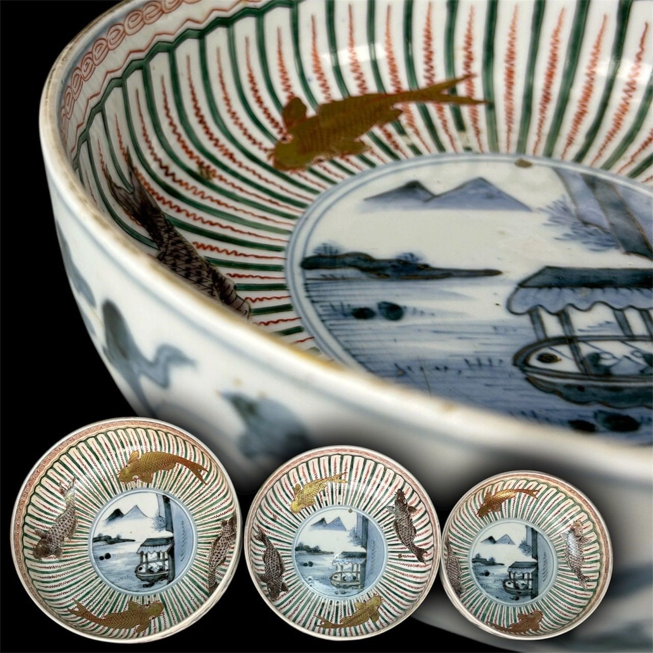 【幽玄】明治時代 伊万里焼 錦手鯉三組丼 共箱 色絵 深皿 三客纏めて 割烹 和食器 美品 日本美術