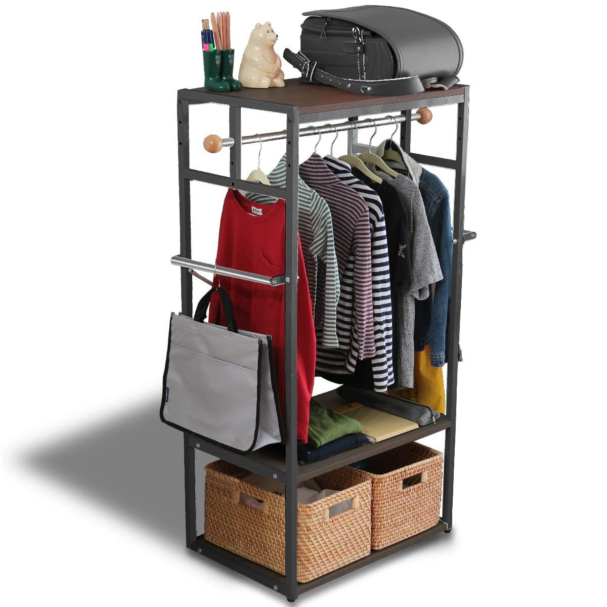 ottostyle.jp キッズハンガーラック おかたづけラック スチール製 こども用 高さ三段階調節 コートハンガー ランドセルラック (ダークウォールナット/ブラックフレーム)ｍａ