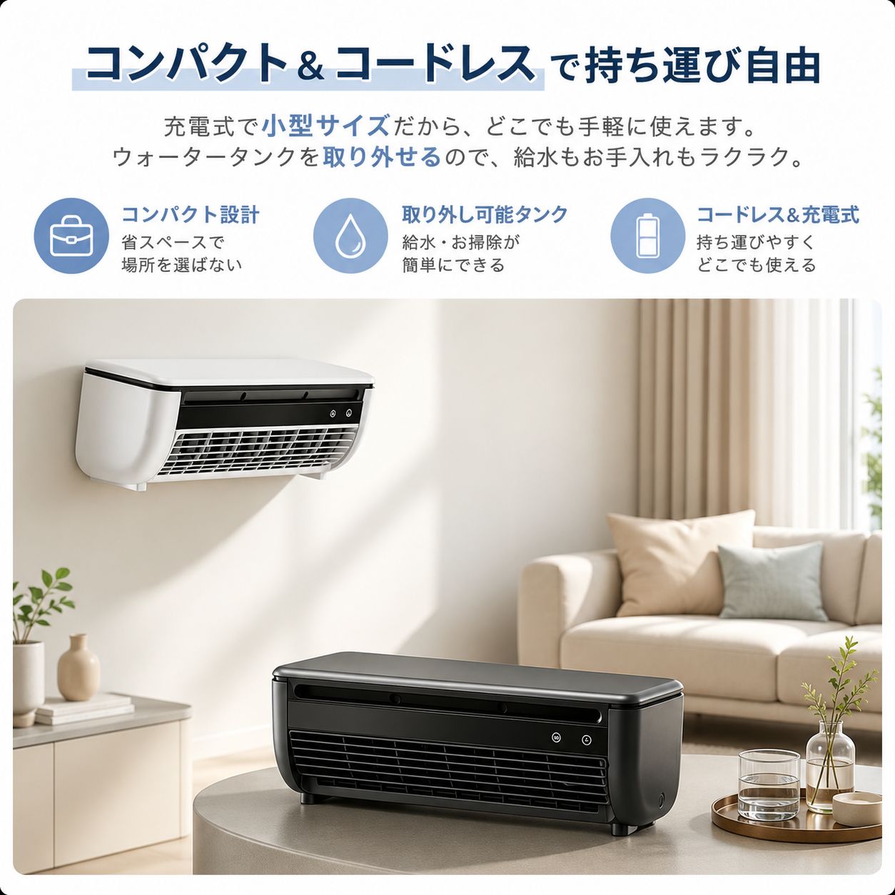 ミニクーラー 冷風機 卓上 エアコン USB充電 コードレス 静音 3段階