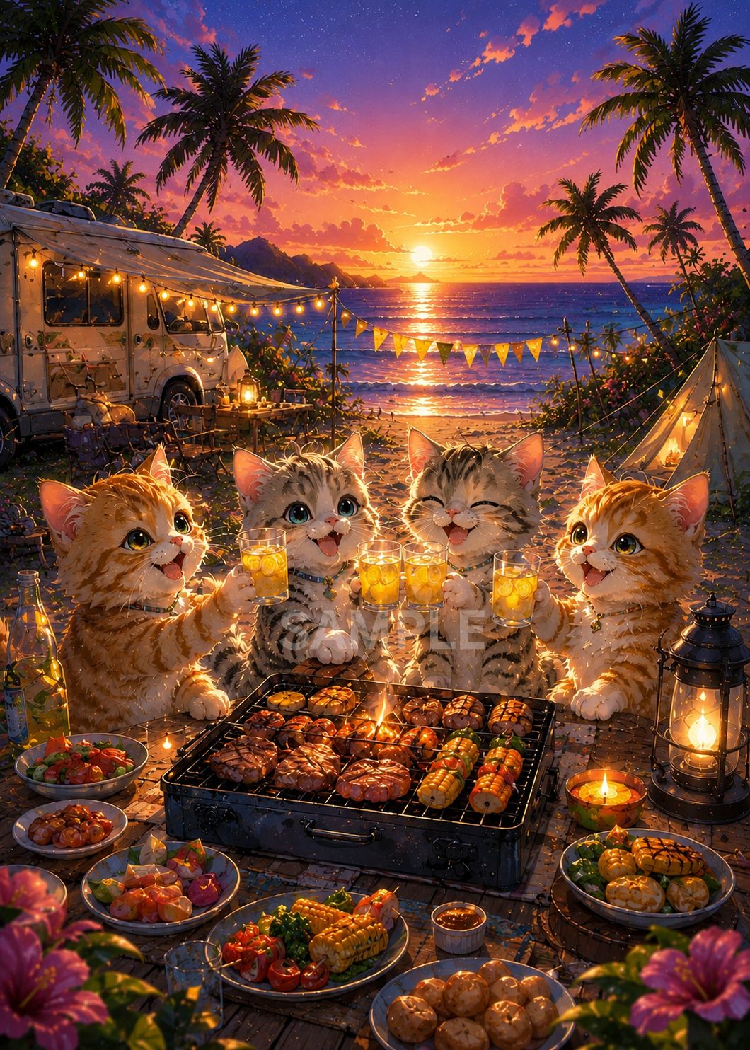 夕焼けの海と仲良し猫たちのBBQキャンプ｜癒しのアートポスター｜2L