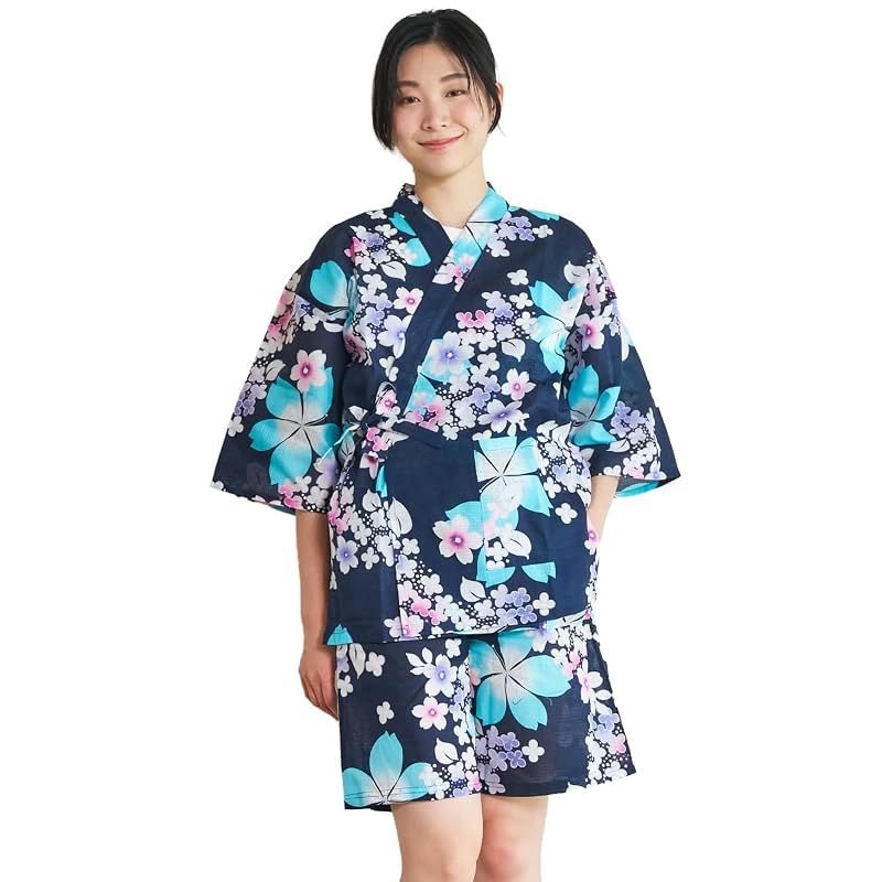 [あい藍] レディース 甚平 和柄 上下セット 綿 涼しい お祭り 花火大会 盆踊り ルームウェア 前開き 吸汗 爽やか 花柄 (8,桜（ネイビー）, 3L) 1