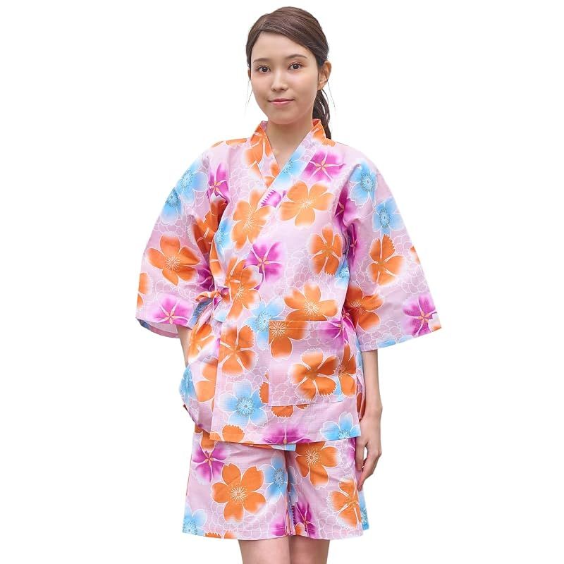 [あい藍] レディース 甚平 和柄 上下セット 綿 涼しい お祭り 花火大会 盆踊り ルームウェア 前開き 吸汗 爽やか 花柄 (大桜（ピンク）, M?L) 0