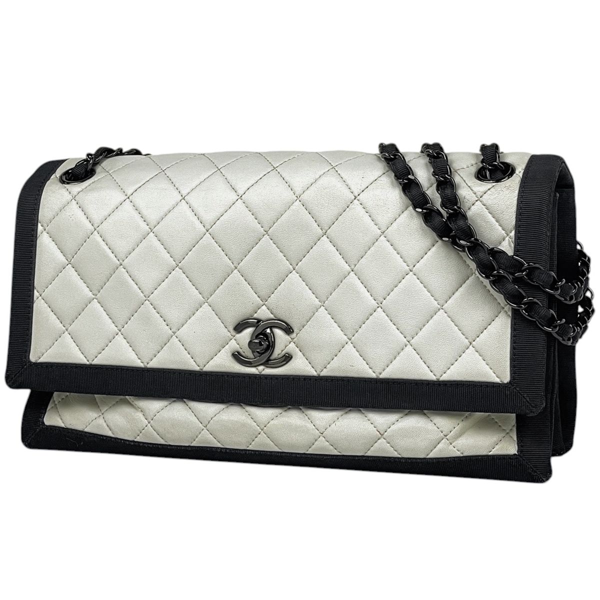 シャネル CHANEL シングルフラップ チェーン ショルダーバッグ Wチェーン バイカラー レザー ホワイト レディース 【中古】