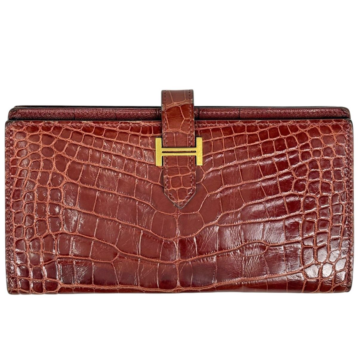 エルメス HERMES ベアン スフレ Hロゴ 長財布 アリゲーター ルージュアッシュ □Q レディース 【中古】