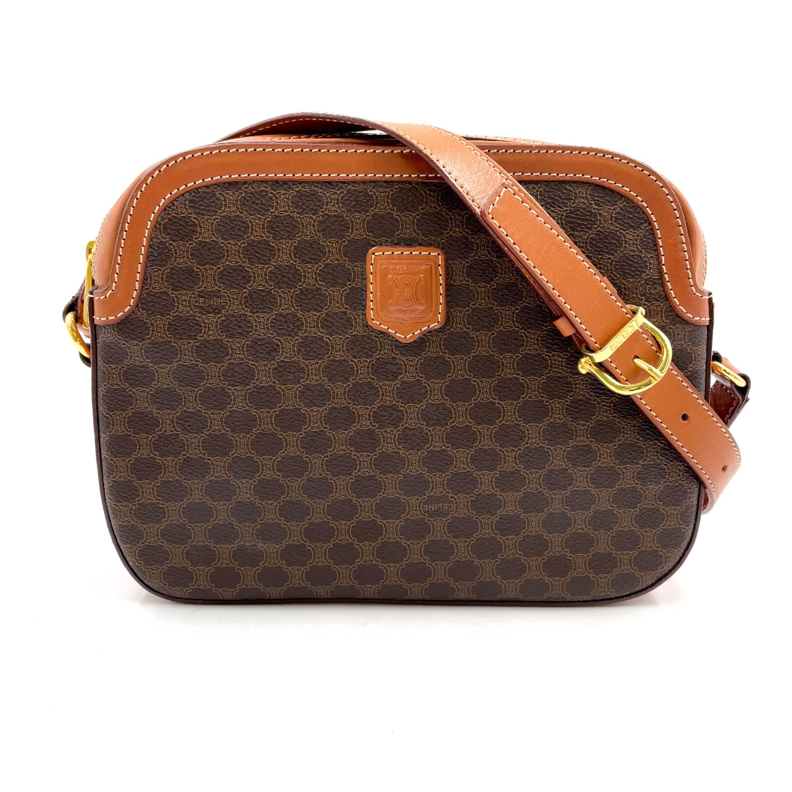 【新着】CELINE マカダム柄 レザー、PVC ブラウン、ライトブラウン ショルダーバッグ ゴールド