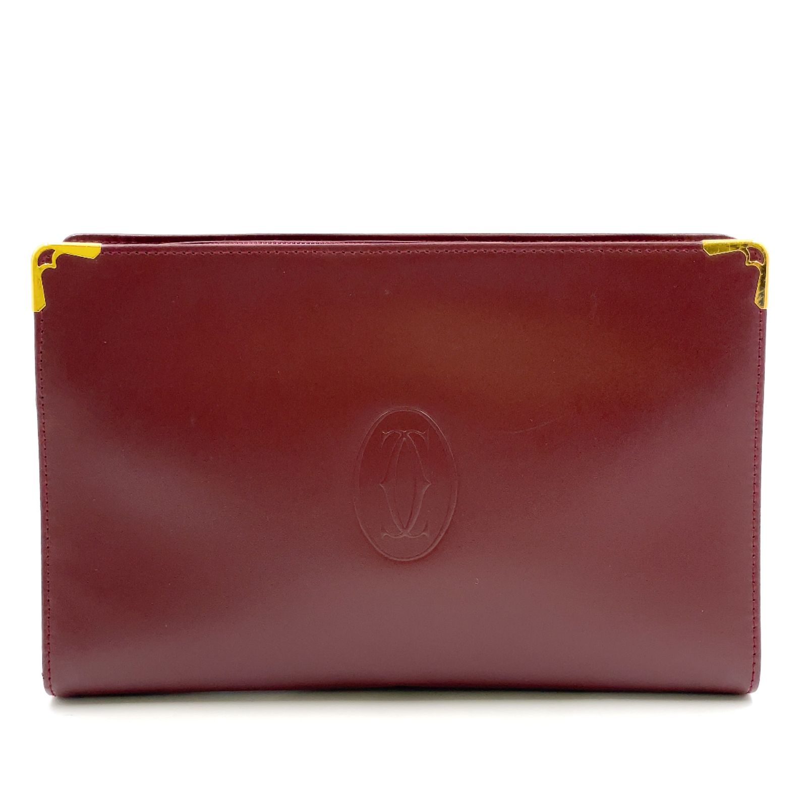 【新着】Cartier マスト ドゥ カルティエ カーフスキン ボルドー クラッチバッグ ゴールド