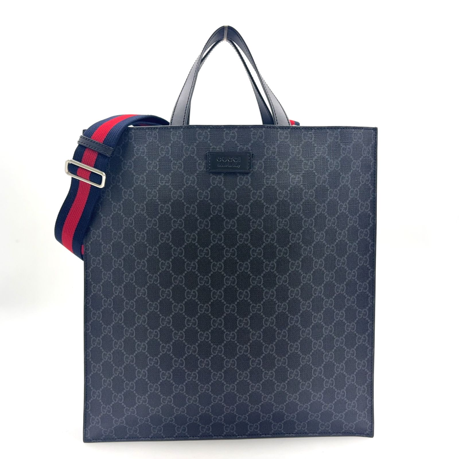 【新着】GUCCI GGスプリーム レザー、PVC ブラック トートバッグ シルバー 495559