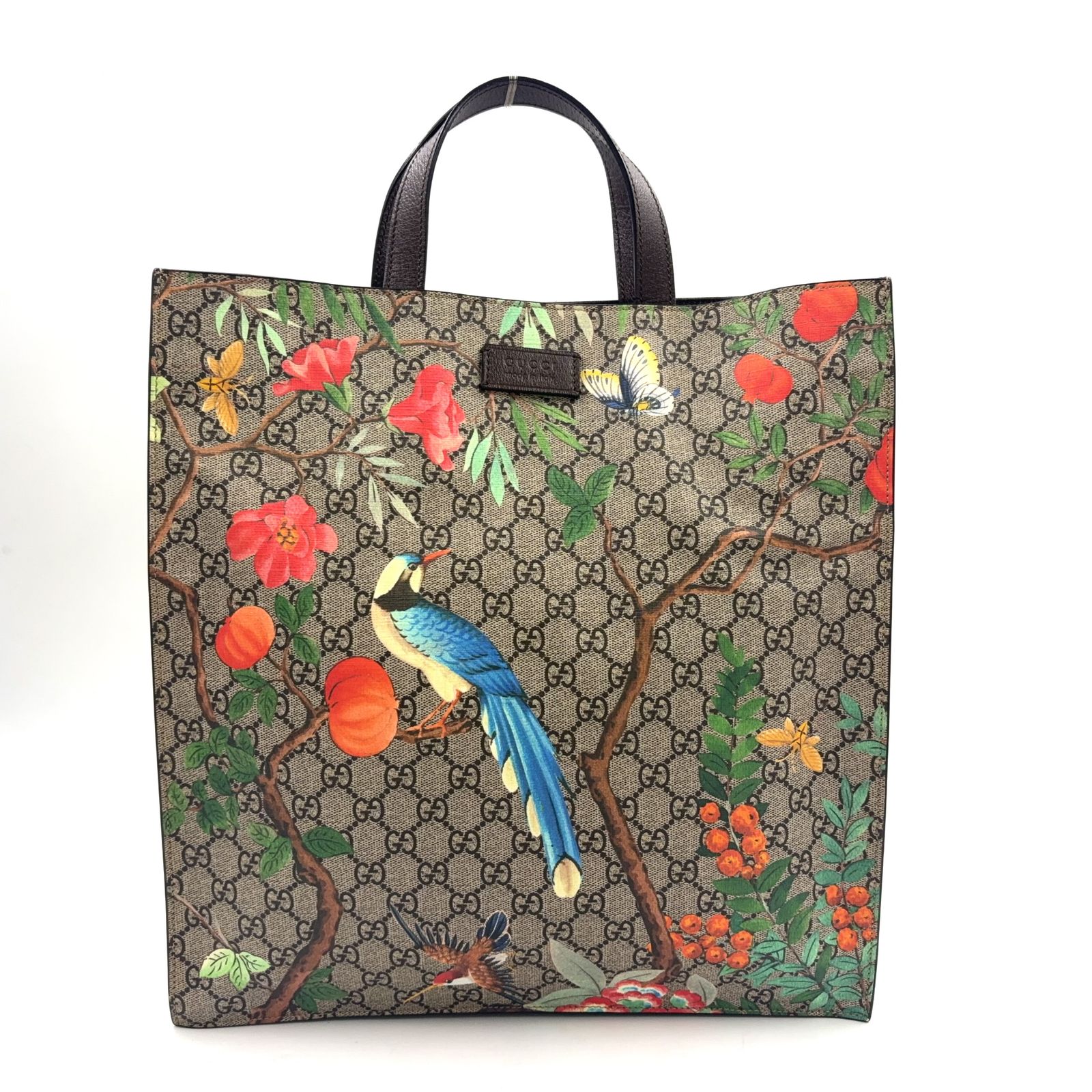 【新着】GUCCI GGスプリーム ティアン レザー、PVC ブラウン、ベージュ トートバッグ シルバー 450950