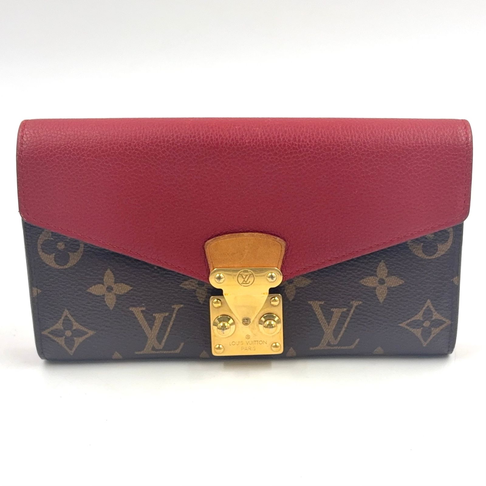 【新着】LOUIS VUITTON ポルトフォイユ パラス モノグラム モノグラム イニシャル入り レザー、PVC ブラウン、レッド 二つ折り長財布 ゴールド M58414