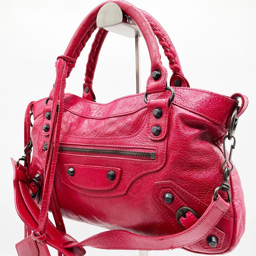 BALENCIAGA バレンシアガ the first ザファースト 2way ショルダーバッグ ミラー付き レザー レッド ボルドー Y2K アーカイブ ハンドバッグ スタッズ レディース 肩掛け 斜め掛け 人気 名作