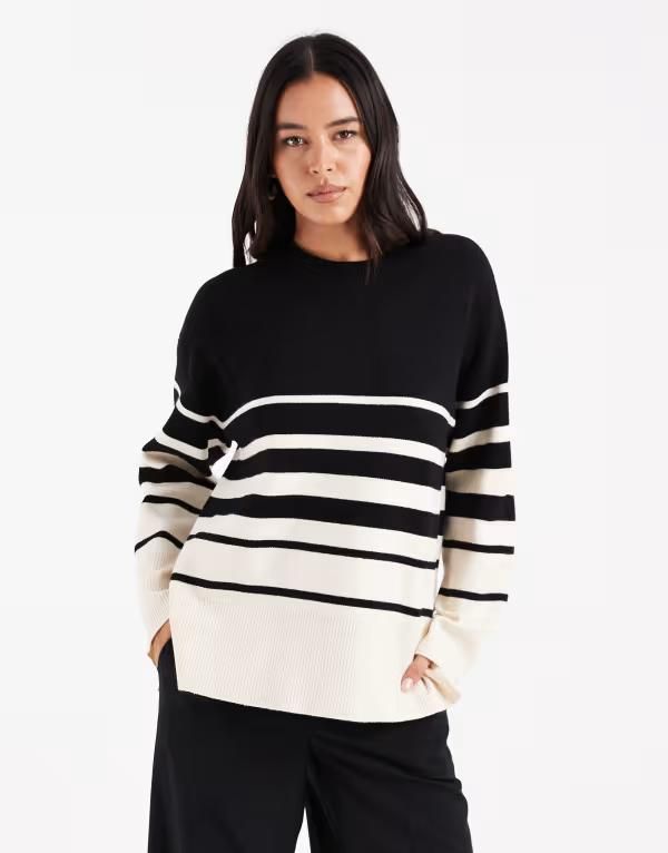 ヴェロモーダ レディース アウター ニット・セーター セーター Vero Moda oneck sweater with cream variegated stripes Black ブラック