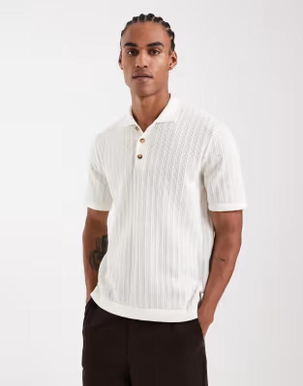 オンリーアンドサンズ メンズ トップス ポロシャツ ニット ONLY SONS open knit polo shirt in cream Egret クリーム