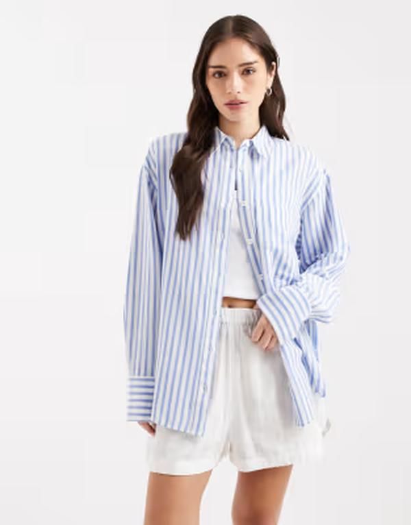 エイソス レディース トップス シャツ リネン ASOS DESIGN oversized linen blend shirt stripes Blue stripe ブルー