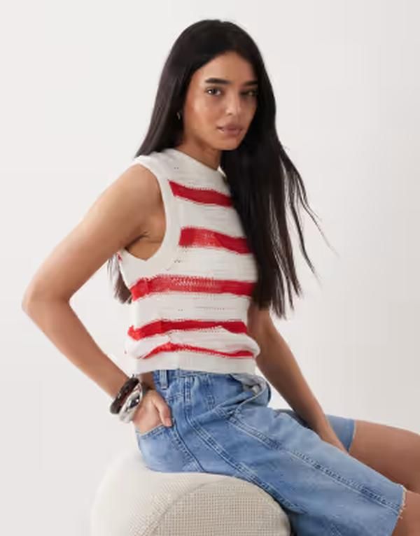エイソス レディース トップス タンクトップ ニット ASOS DESIGN fine knit open weave tank stripe Red ecru エクリュ