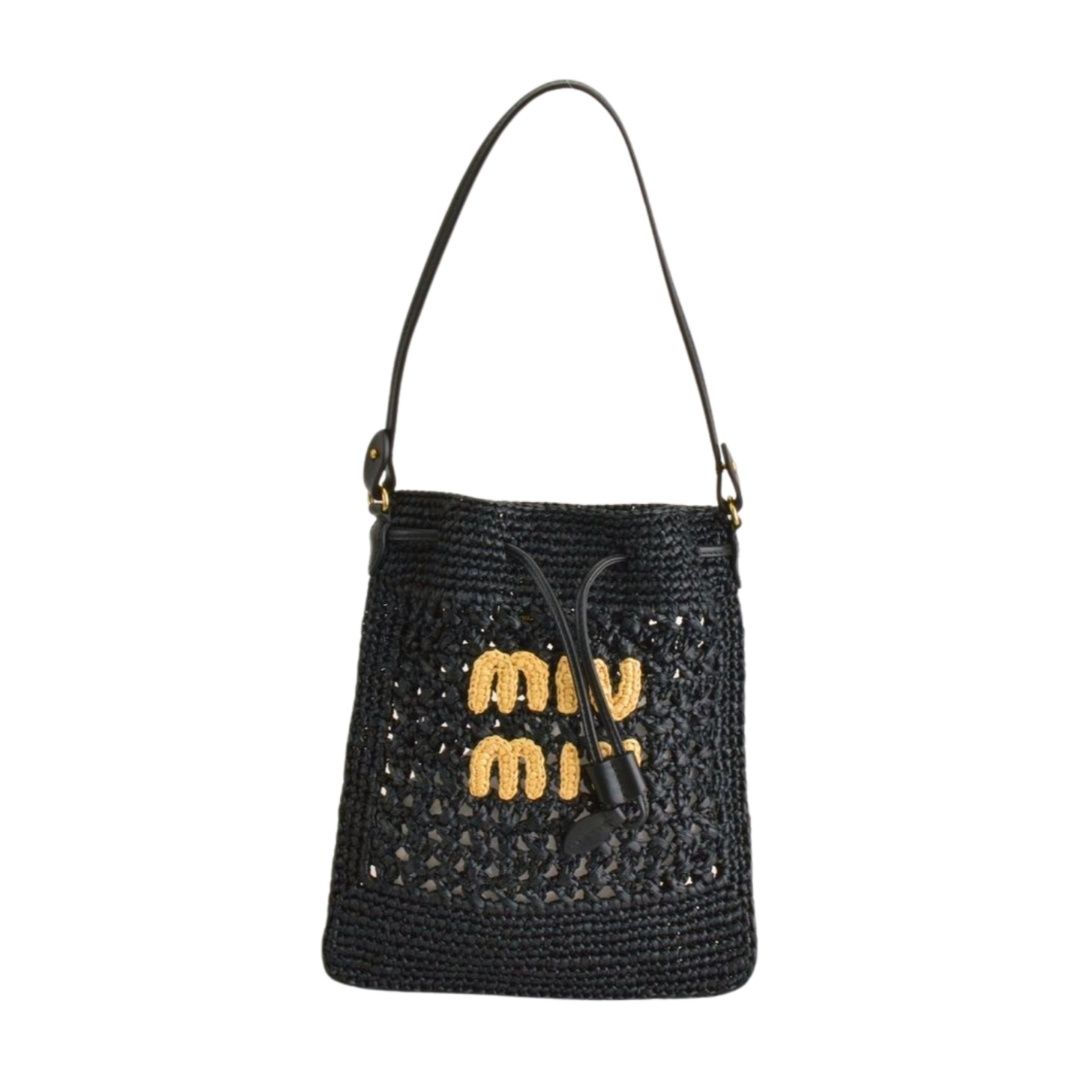 ミュウミュウ MIUMIU ウーブンファブリック ハンドバッグ ミニ ストロー レザー サマースモール ブラック レディース F-YA1267