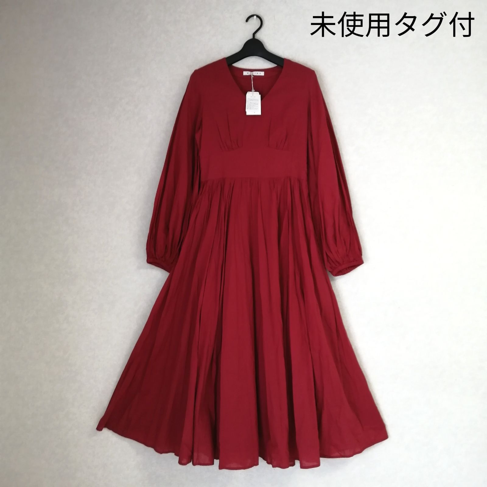 未使用タグ付☆マリハ ロングワンピース マキシ丈 少女のドレス 36 ボリューム袖 赤 レッド ガーネット MARIHA