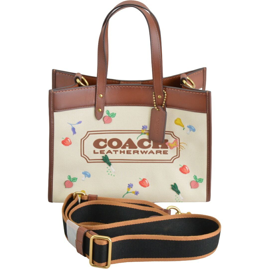 コーチ COACH 2WAY トートバッグ ショルダー付 ベジタブル刺繍 キャンバス レザー C2772 ブラウン×ベージュ レディース F-B6954