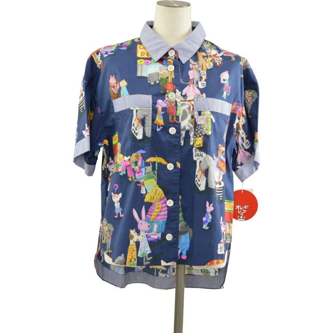 アルベロベロ ALBEROBELLO ぶたさん シャツ ブラウス 店モチーフ Big fan ストライプ Mサイズ ネイビー 616109 レディース F-M13986