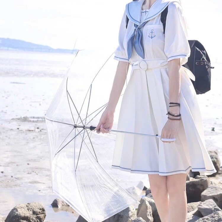 セーラーワンピース JK制服 セーラー襟 パフスリーブ プリーツ マリン風 イカリ刺繍 リボンタイ 爽やか 夏服 通学 制服風 コスプレ 清楚 可愛い お出かけ