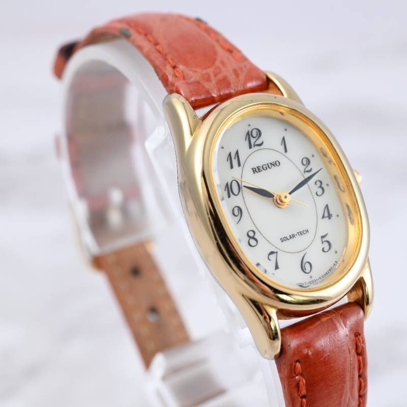 CITIZEN シチズン REGUNO レグノ ソーラー腕時計 レディース オーバルケース ゴールド×レザーベルト きれいめ 上質 大人カジュアル 動作確認済み