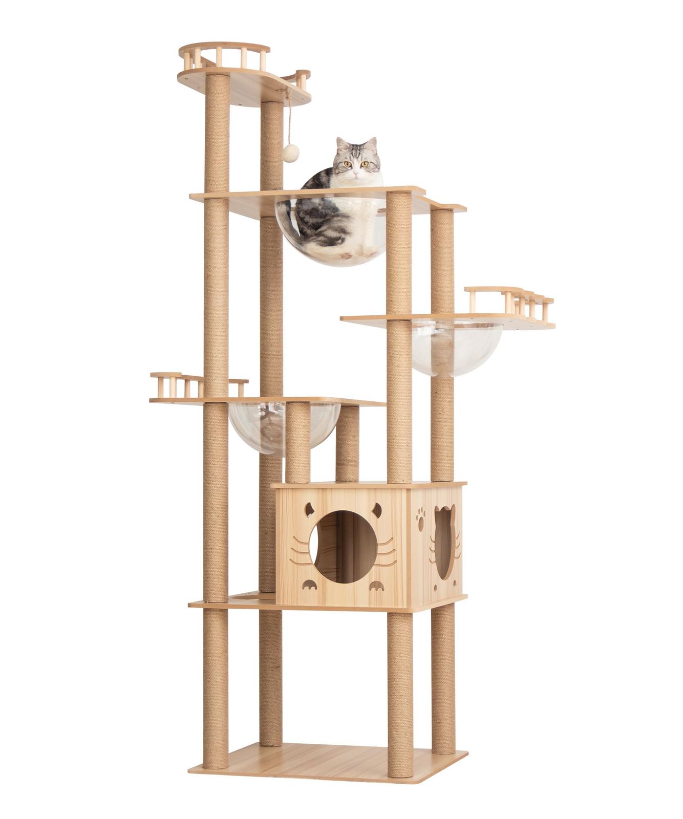 PETTIFUL キャットタワー 木製 据え置き 【販売元PETTIFUL OFFICIAL】 おしゃれ 大型 高さ185cm 高い 多頭飼い 高級 スリム 猫タワー 宇宙船 クリアボウル 広い 大型猫 シニア猫 子猫 中型猫 爪研ぎポール キャットツリー 重
