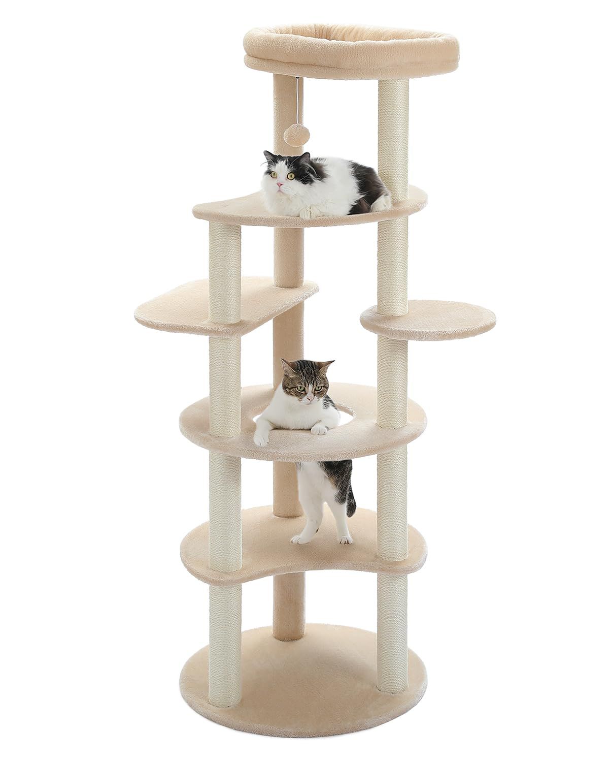 PETEPELA(ぺテぺラ) キャットタワー スリム 大型猫用 猫タワー 据え置き 多頭飼い シンプル おしゃれ かわいい 麻紐 爪とぎ コンパクト 省スペース 人気 老猫用 短足猫 シニア猫 階段 登りやすい 運動不足解消 倒れ防止策 - 高さ154cm ベ