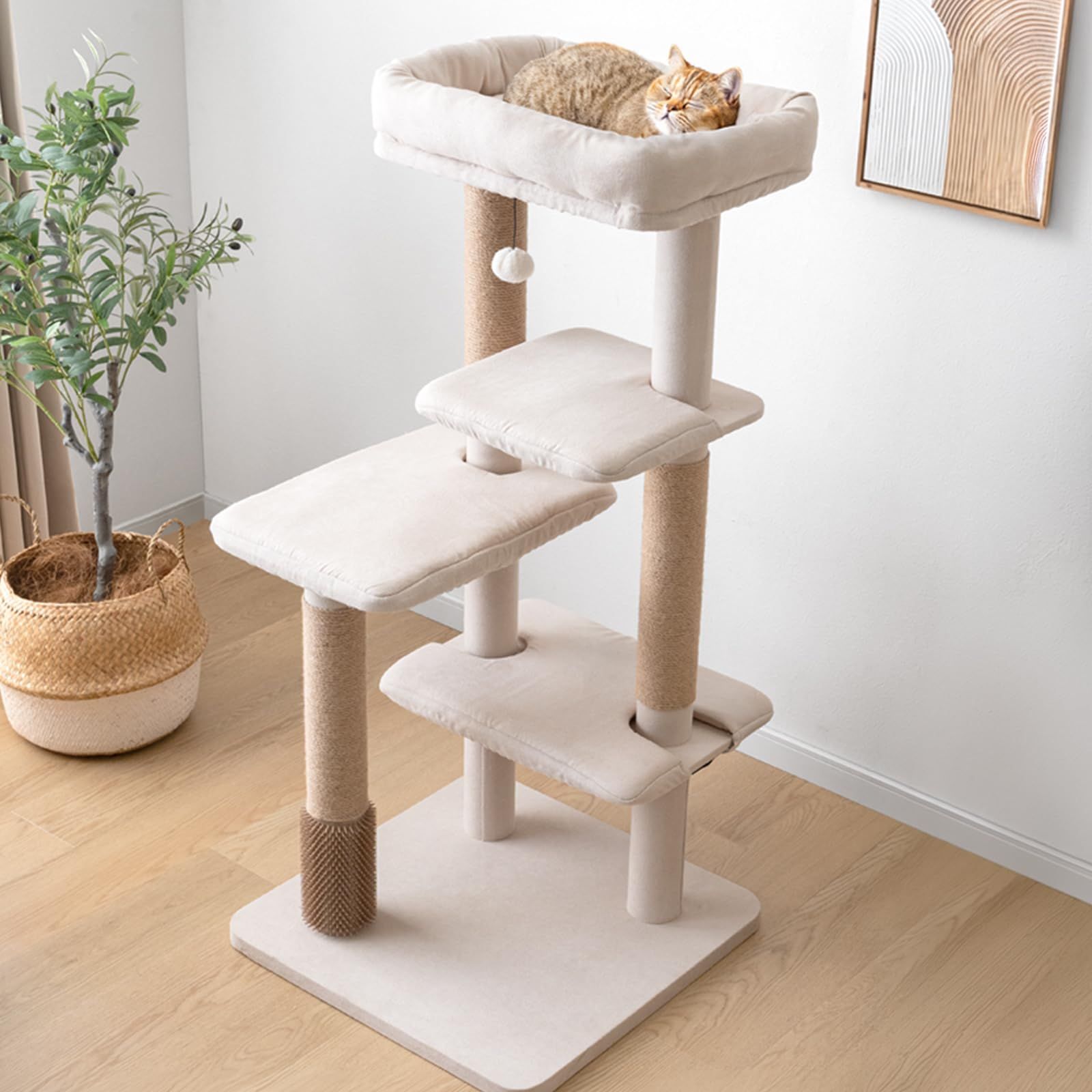 タンスのゲン キャットタワー 高さ120cm 【洗えるカバーリング】据え置き 爪とぎポール 多頭飼い 麻紐 猫 子猫 大型猫 スリム キャットツリー 布 おしゃれ 92700001(113196)