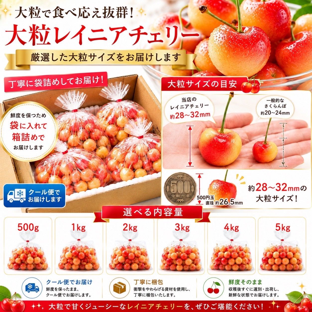 500g】レイニアチェリー 超大粒 糖度23度超 アメリカ産 - メルカリ