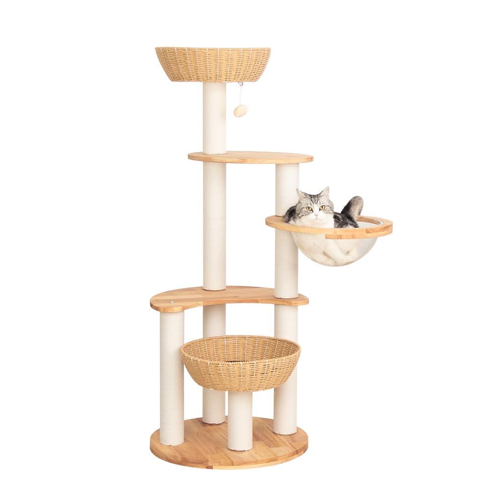 PETTIFUL キャットタワー 木製 【天然木使用】 据え置き 丸型土台 大型猫 おしゃれ ラバーウッド 手編みカゴ インテリア性 インテリアに馴染む 夏用 人気 猫 多頭飼い 円型土台 ラウンドベース スリム 涼しいゴザ付 夏冬兼用 見晴台 クッション付き