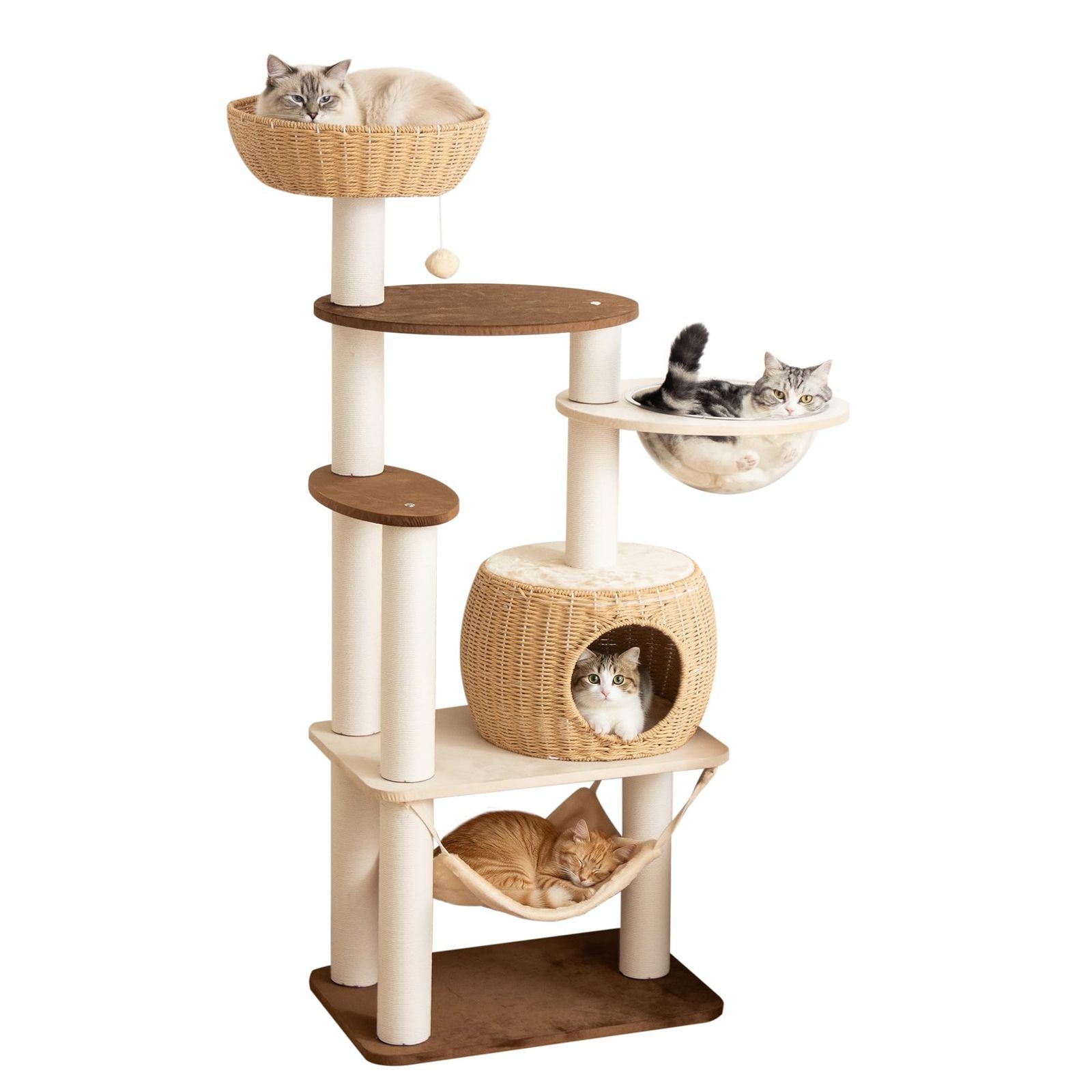 PETTIFUL キャットタワー 据え置き 木製に生地張り 大型猫 シニア猫 成猫 子猫 高さ144cm おしゃれ ベルベット張り 手編みカゴ インテリア性 ラタン風 多頭飼い 猫ハウス 広い スリム 冬用 クッション付見晴台付き 猫タワー 宇宙船 クリアボウ
