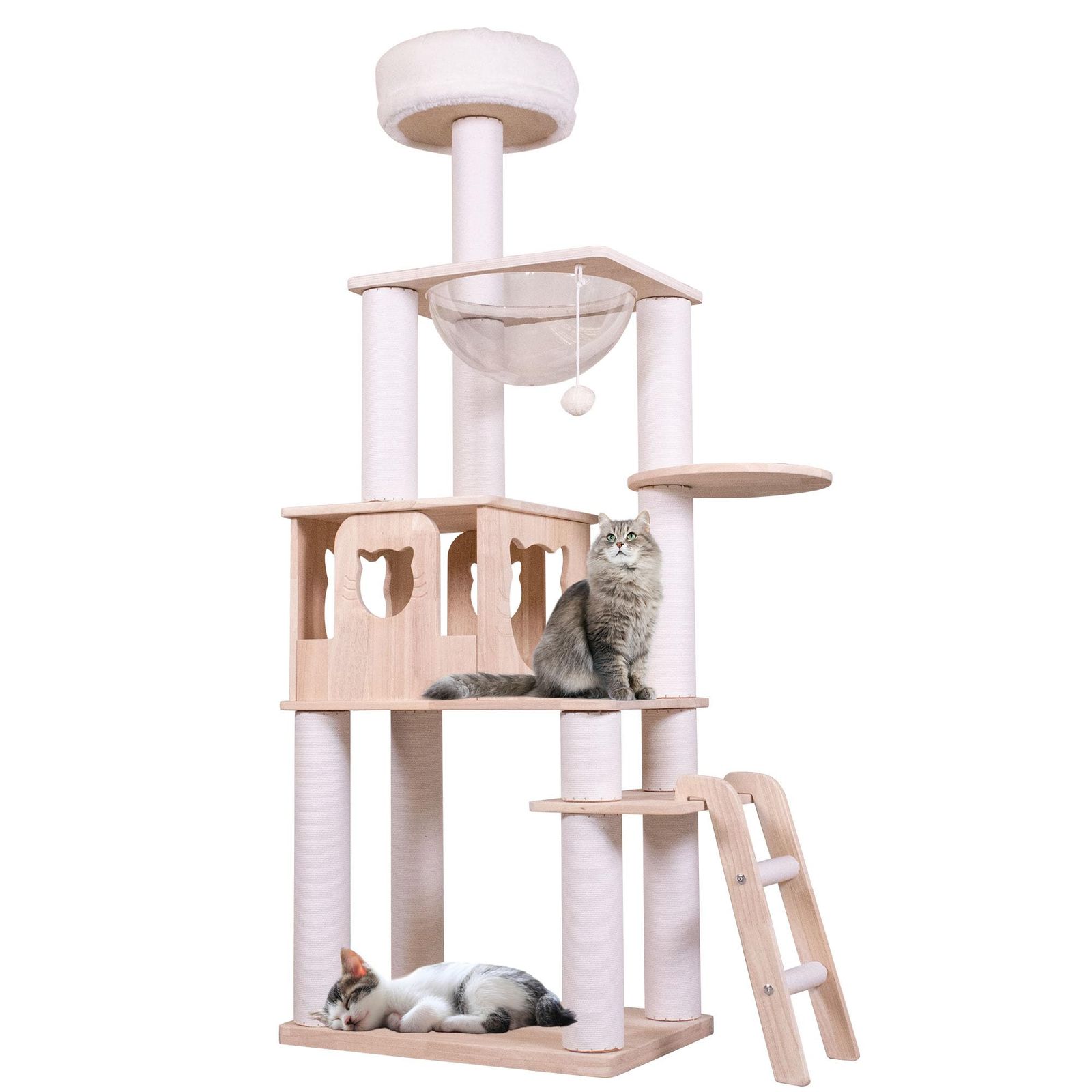 Meowtopia キャットタワー 木製 猫タワー 突っ張り スリム 小型 中型 大型猫用 キャット タワー ウォーク 人気 猫 タワー 日本語マニュアル (白-猫タワー 木製 ゴムの木)