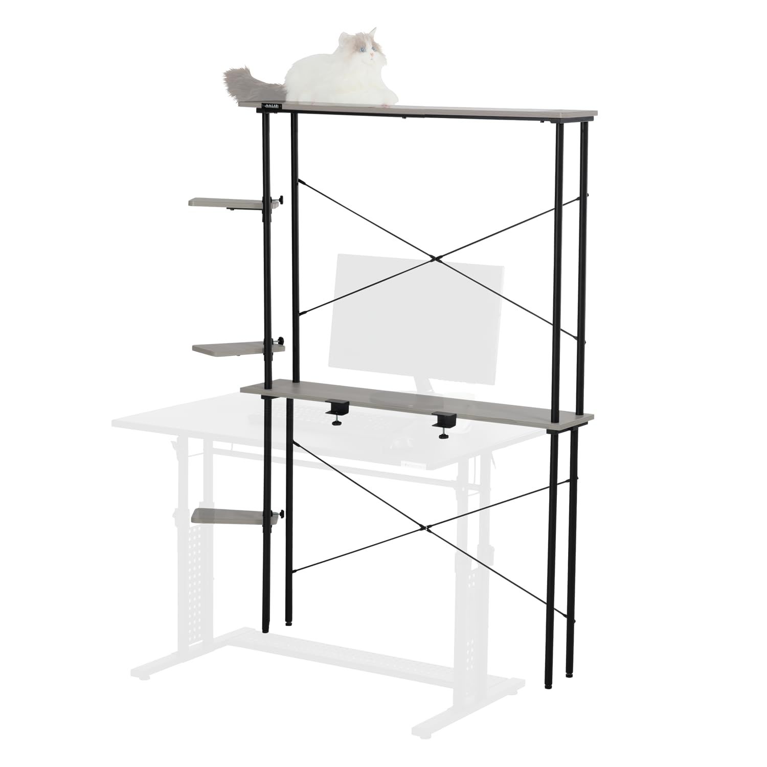 BIBILAB(ビビラボ) キャットタワー 猫タワー LCR-1000-GY デスクが猫家具になる 据え置き 150cm 肉球が見えるクリア棚板 キャットウォーク モニターラック パソコンラック 賃貸OK スリム 省スペース