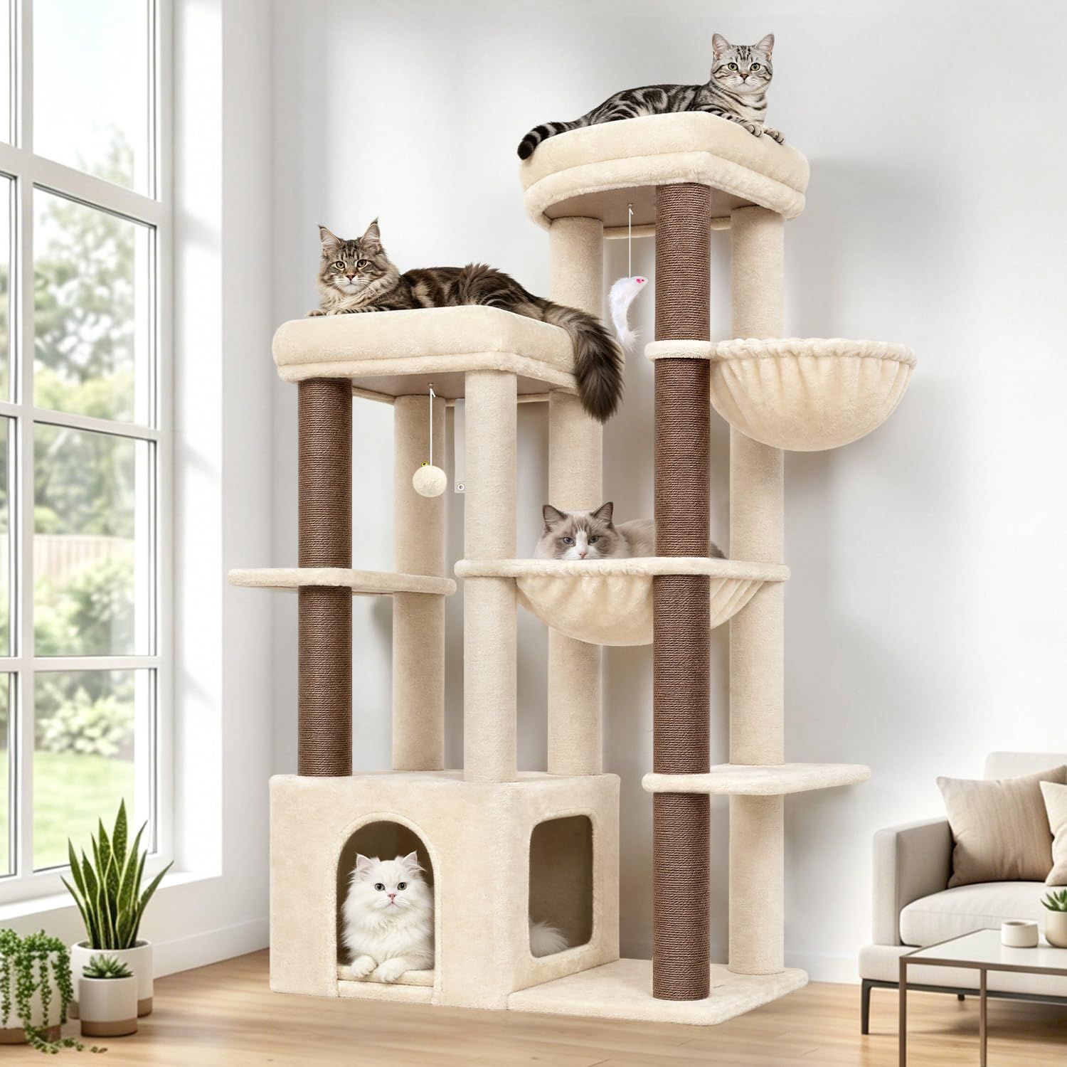 Globlazer キャットタワー ベージュ 大型猫用 多頭飼い 多機能