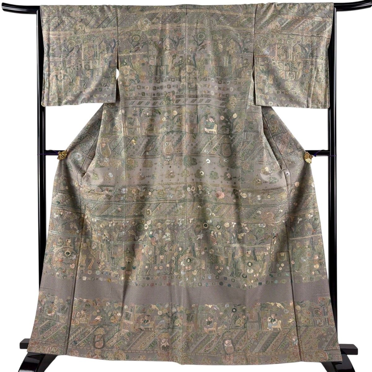 【美品】 訪問着 身丈164cm 裄丈64.5cm M 袷 人物 草花 刺繍 金糸 灰茶 正絹 逸品 【中古】