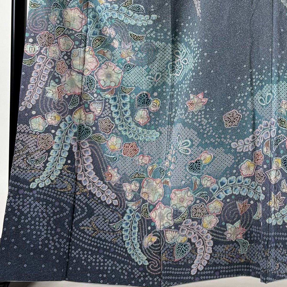 訪問着 身丈164cm 裄丈70.5cm L 袷 辻が花柄 金銀彩 染め分け 青灰色
