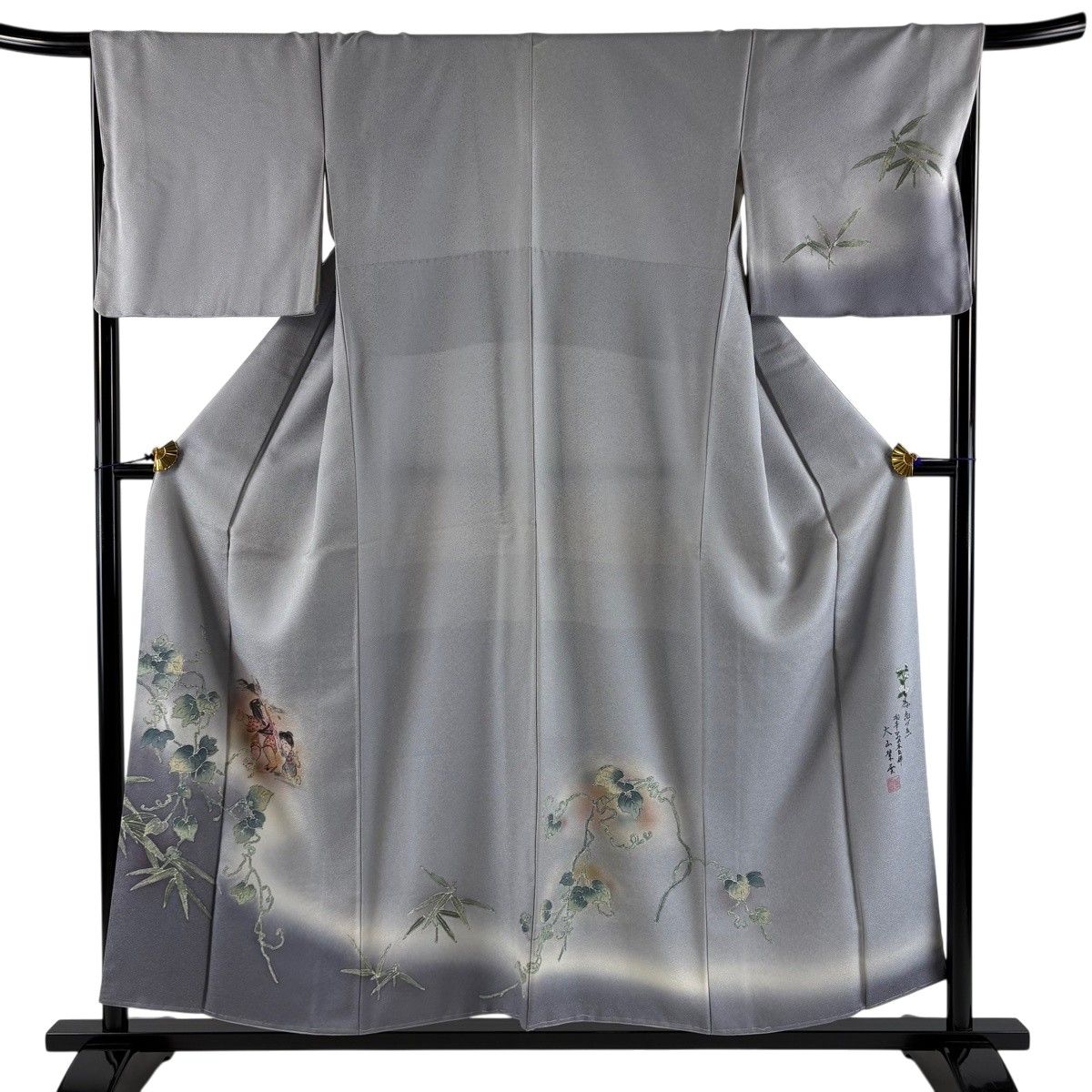 付下げ 身丈154.5cm 裄丈68cm L 袷 落款 童 蔦 ぼかし 青灰色 正絹 名品 【中古】
