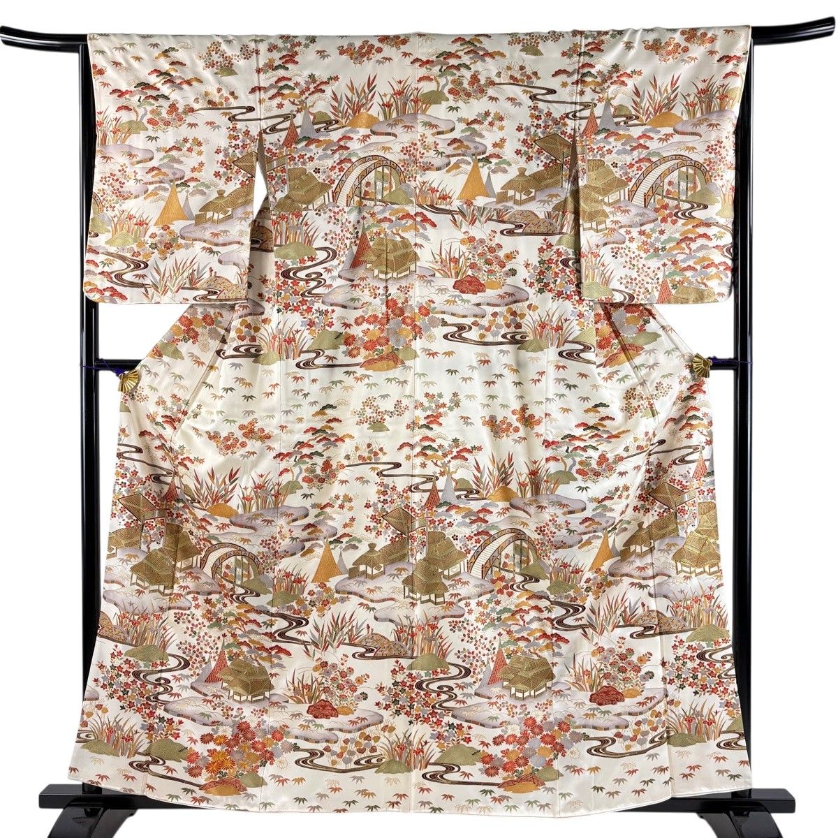 訪問着 身丈159.5cm 裄丈64cm M 袷 家屋 松竹梅 金糸 金彩 クリーム 正絹 名品 【中古】