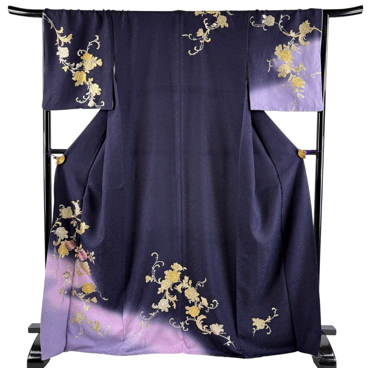 訪問着 身丈169.5cm 裄丈67cm M 袷 薔薇 螺鈿 銀通し 濃紫 正絹 名品 【中古】
