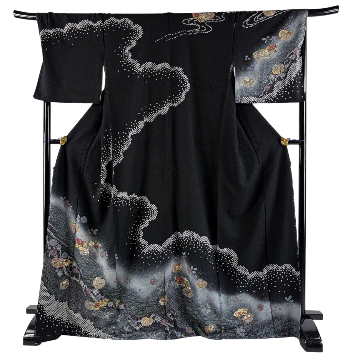 訪問着 身丈169.5cm 裄丈70cm L 袷 扇面 梅 金彩 染め分け 黒 正絹 名品 【中古】