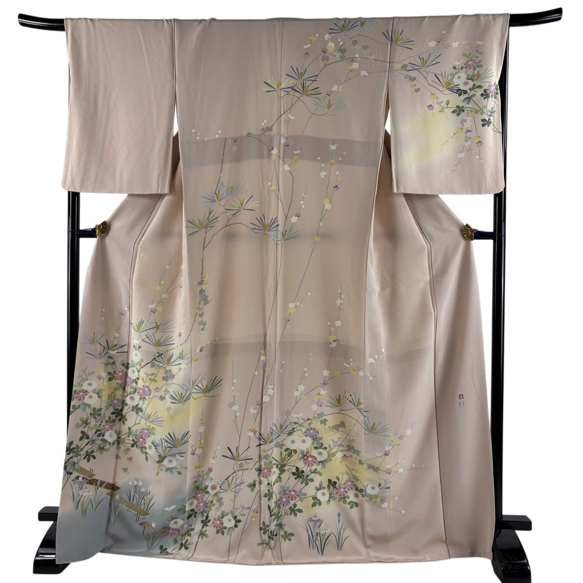 訪問着 身丈169cm 裄丈68cm L 袷 松本健一 落款 菊 松梅 ぼかし ピンク 正絹 名品 【中古】
