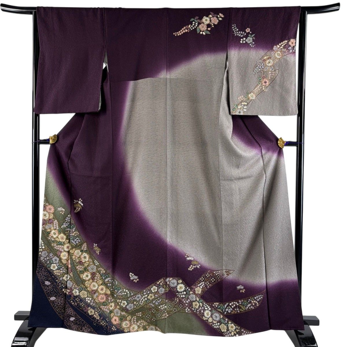 訪問着 身丈162.5cm 裄丈65cm M 袷 辻が花柄 笠松 金彩 染め分け 濃紫 正絹 名品 【中古】 13,528円